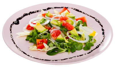 Salad with avocado, tomatoes, grapefruit, corn salad