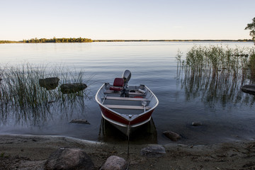 Rowboat in a lake, Lake of The Woods, Ontario, Canada