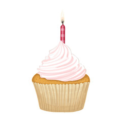 vector illustration with muffin, cream and a candle.  Festive cupcake on a white background isolated