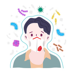 Boy wearing breath mask for protect something that cause virus, vector illustration.