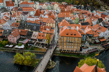 Fototapeta premium Old city view in fall. Czech krumlov. Traveling in Europe. The city in Czech Republic, sights. Autumn in the city