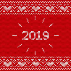 2019 Christmas knitting background. Knit seamless pattern. Vector Xmas and New year red design. Knitted winter texture. Holyday sweater ornaments.