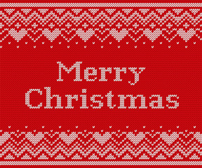 Fototapeta na wymiar Christmas knitting background. Knit seamless design. Vector graphics. Xmas red pattern. Knitted winter texture with text Merry Christmas. Holyday fair sweater ornaments.