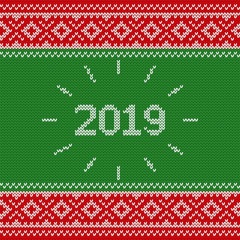 Fototapeta na wymiar 2019 Knit design. Christmas knitting seamless pattern. Vector Xmas and New year red background. Knitted winter texture. Holyday sweater ornaments.