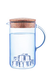 Glass jug with water and ice isolated on white background. Concept clean water.