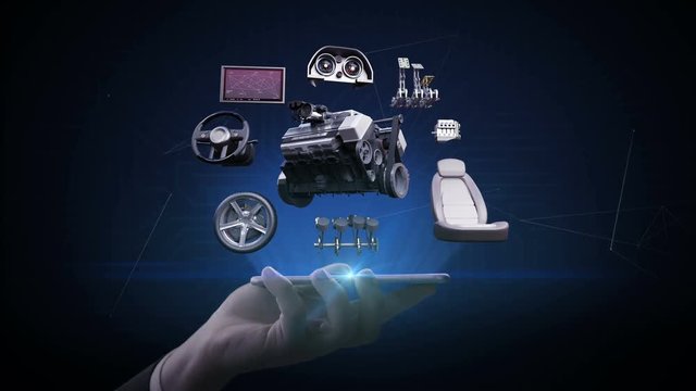Lifting smart phone, Electronic, lithium ion battery echo car. Disassembled car parts. eco-friendly future car. engine, seat, Instrument panel, navigation. 4k animation.