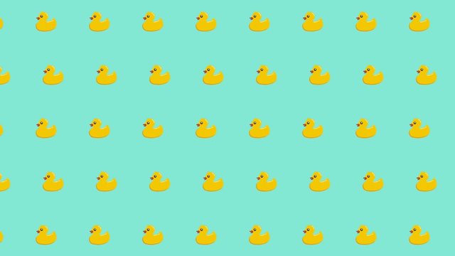 Patr&oacute;n de patitos de goma amarillos en movimiento sobre un fondo verde azulado imitando el agua del ba&ntilde;o