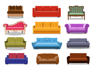 Sofa and couches colorful cartoon illustration vector set. Collection of comfortable lounge for interior design isolated on white background. Different models of settee icons.