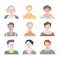 Set of people avatars for social media, website. Doodle portraits fashionable guys. Trendy hand drawn icons collection. Vector illustration.