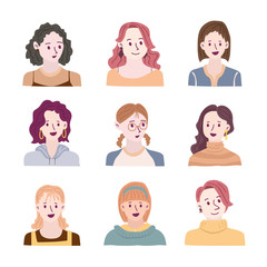 Set of people avatars for social media, website. Doodle portraits fashionable girls. Trendy hand drawn icons collection. Vector illustration.