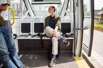 Interior of automated remotely operated bus in Helsinki. Unmanned public transport test on street....