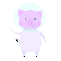 Cute funny astronaut space pig character - symbol of the 2019 Chinese New Year. Flat style design vector illustration isolated on white background. Cheerful waving pink piglet piggy.