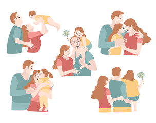 Set of young family are playing with their child, vector illustration.