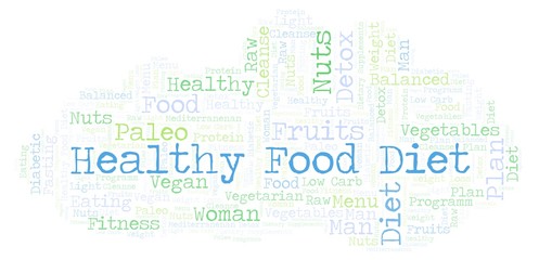 Obraz premium Word cloud with text Healthy Food Diet on a white background.