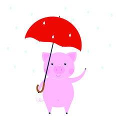 Cute funny pig character - symbol of the 2019 Chinese New Year. Flat style design vector illustration isolated on white background. Cheerful waving pink piglet piggy in the rain.