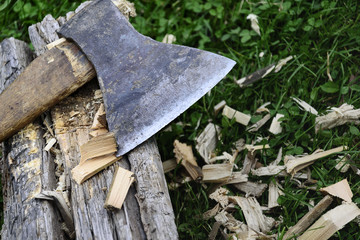 Axe with wood chips. horizontal, 