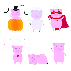 Cute funny pig character set - symbol of the 2019 Chinese New Year. Flat style design vector illustration isolated on white. Cheerful, waving, sleeping, halloween, space, superpig pink piglet piggy.