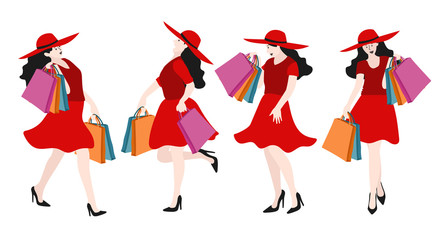 Set of girl is holding many shopping bag, vector illustration.