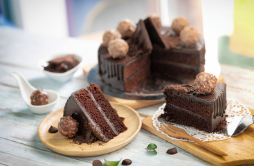 close up shot a piece of homemade chocolate ganache cake 