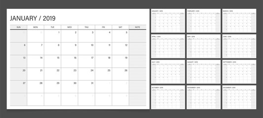Calendar 2019 week start Sunday corporate design planner template.