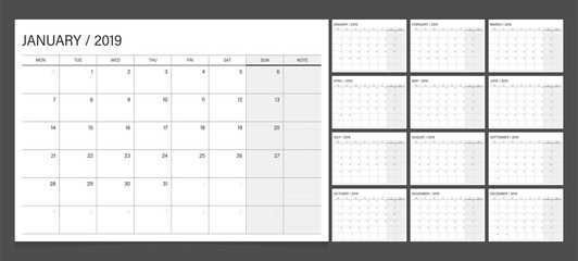 Calendar 2019 week start Monday corporate design planner template.