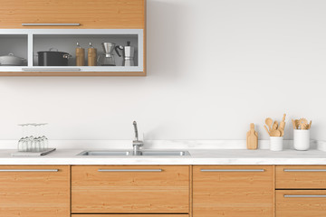 Modern white kitchen countertop with sink, 3D rendering
