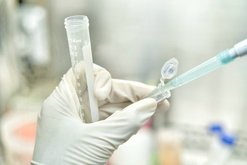 Close up of the woman researcher using pipette to transfer resuspension of cells line from 15 ml...