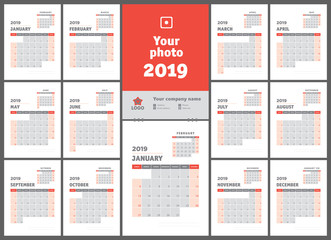 2019 calendar. English calender. Color vector template. Week starts on Sunday. Business planning. New year planner. Clean minimal table. Simple design