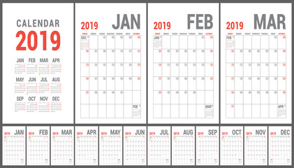 2019 calendar. English calender. Color vector template. Week starts on Sunday. Business planning. New year planner. Clean minimal table. Simple design