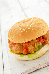 fried chicken burger in bun