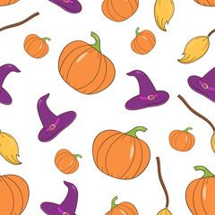 Cartoon Halloween seamless pattern. Holiday design elements: pumpkin, witch broom and hat. Vector illustration.