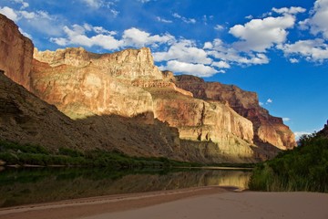 Raft Trip View From the Bottom of the Grand Canyon Looking Up at the Cliffs Above, Sunlight on Cliffs