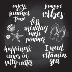 Set of phrases for summer and sea themes. Modern brush calligraphy lettering and hand-drawn design elements. Motivating quotes.