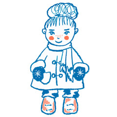 Cute little girl blue silhouette in winter clothes, coat, scarf, boots. Cold weather, winter figure.  Smiling face, blushes, combed curly hair, mittens with snowflakes. Design for Christmas, New Year.