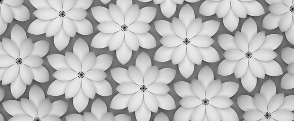 Abstract background of paper flowers. Monochrome 3D pattern.