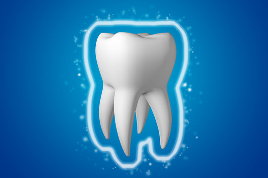 Teeth protection. Protective shell shield around white healthy tooth on blue background. 3d render