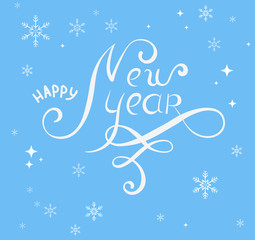 Blue Happy New Year card with snowflakes.
