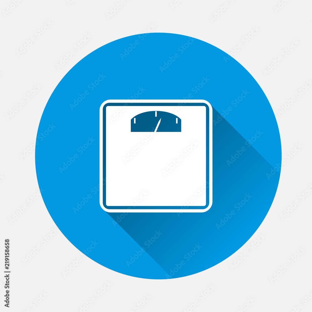 Poster vector icon of the floor scales for measuring the weight of a person on blue background. flat image 