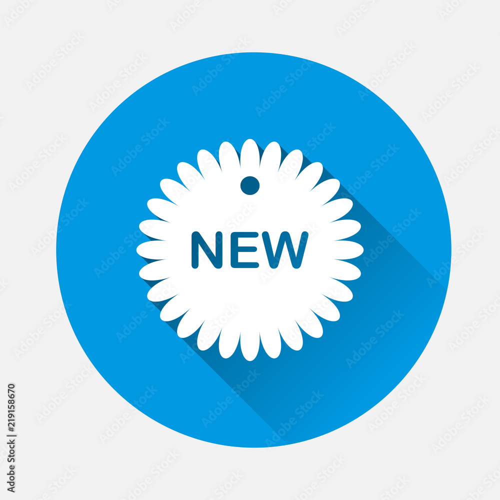 Poster new label vector icon on blue background. flat image lable with long shadow. layers grouped for easy