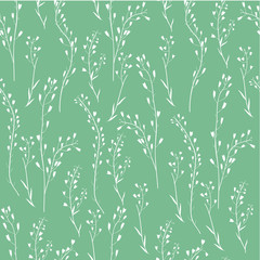 Seamless floral pattern, Capsella flower, Shepherd's purse, Capsella bursa-pastoris, the entire plant, hand drawn vector sketch grass isolated on green background for design cosmetic, natural textile