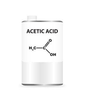 Vector Metal Liquid Container Can With Acetic Acid. Illustration Of A Chemical Carboxylic Acid Solvent / Vinegar. On The Packaging Is The Name And Formula Of Chemical Substance.