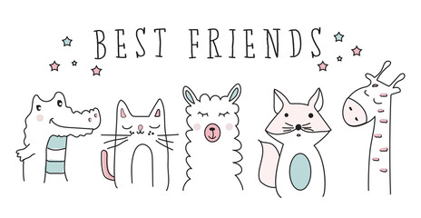 cat, llama, giraffe, crocodile, fox, best friends animal cartoon vector set illustration