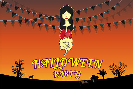 Halloween party poster banner with Thai ghost called krasue