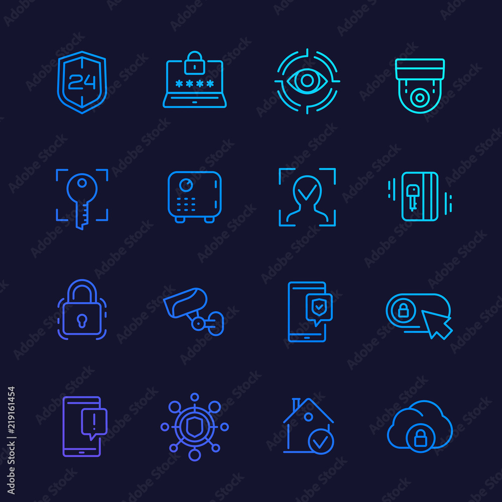 Poster security line icons set, biometric screening, face recognition, secure server and software