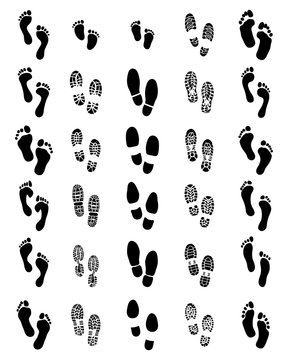Black prints of shoes and human feet on a white background
