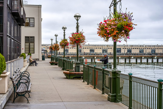 Pier and promenade decorated with flowers, San Francisco, California, USA