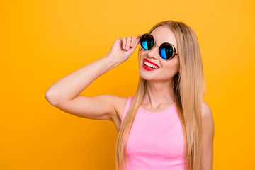 I feel great Close up studio photo portrait of pretty delightfu