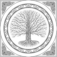 Druidic Yggdrasil contour tree, round black and white gothic logo. ancient book style.