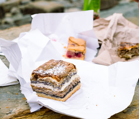 Original dessert of Slovenia - Gibanica fresh and delicious at rocky natural table outdoors