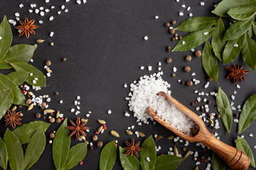 Flatlay spices and salt on black background
